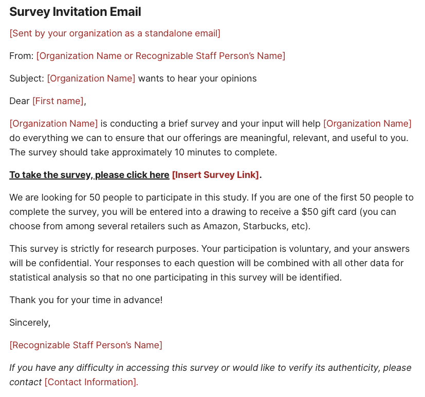 Example survey invitation email explaining the survey’s purpose, confidentiality, incentive and link.