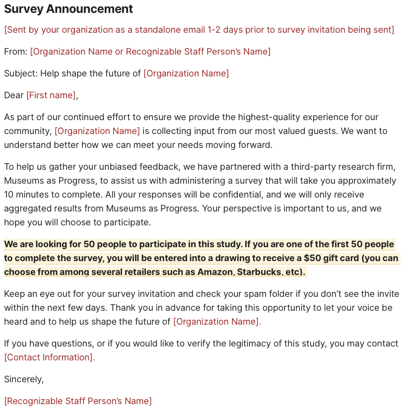 Example pre-launch survey announcement email explaining why the survey is coming and when it will arrive.