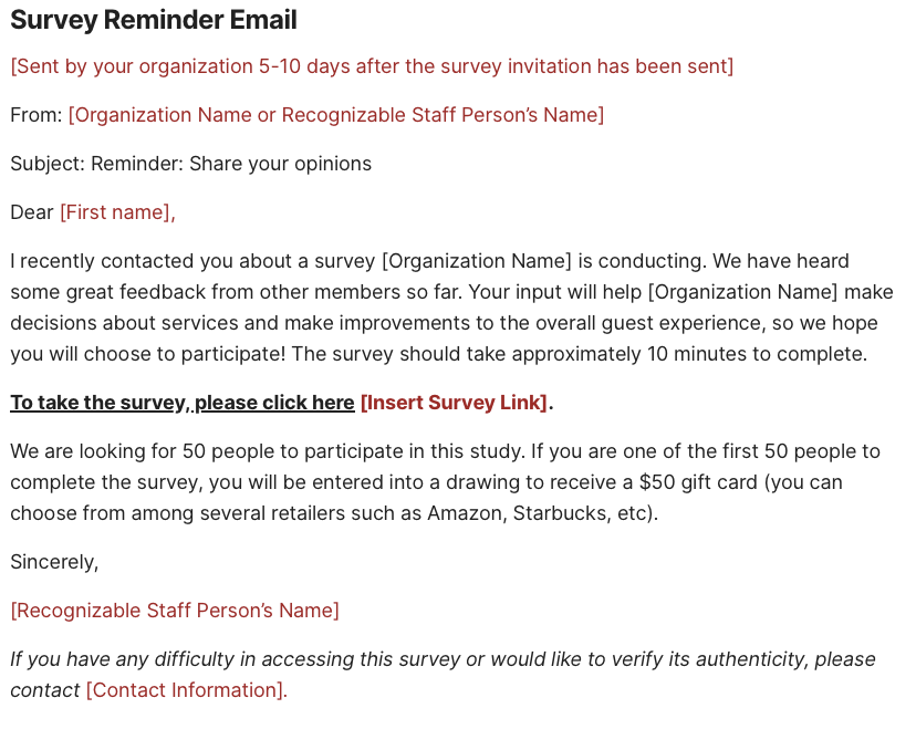 Example follow-up reminder email sent after the survey invitation.